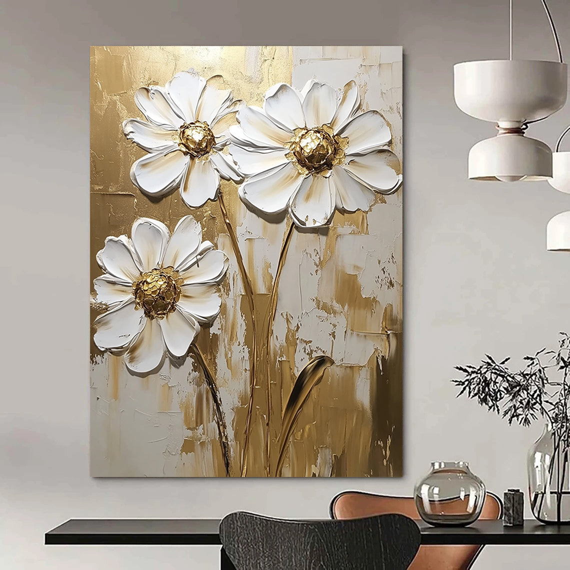 Contemporary hand-painted abstract art featuring white daisy flowers with gold accents on a textured background, perfect for modern decor. DLZ0820