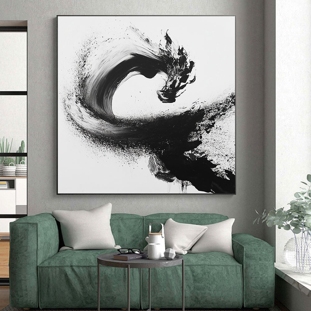 Black Curved Brushstroke with Splatter - “Flowing Enso Energy” Painting On Canvas HB245