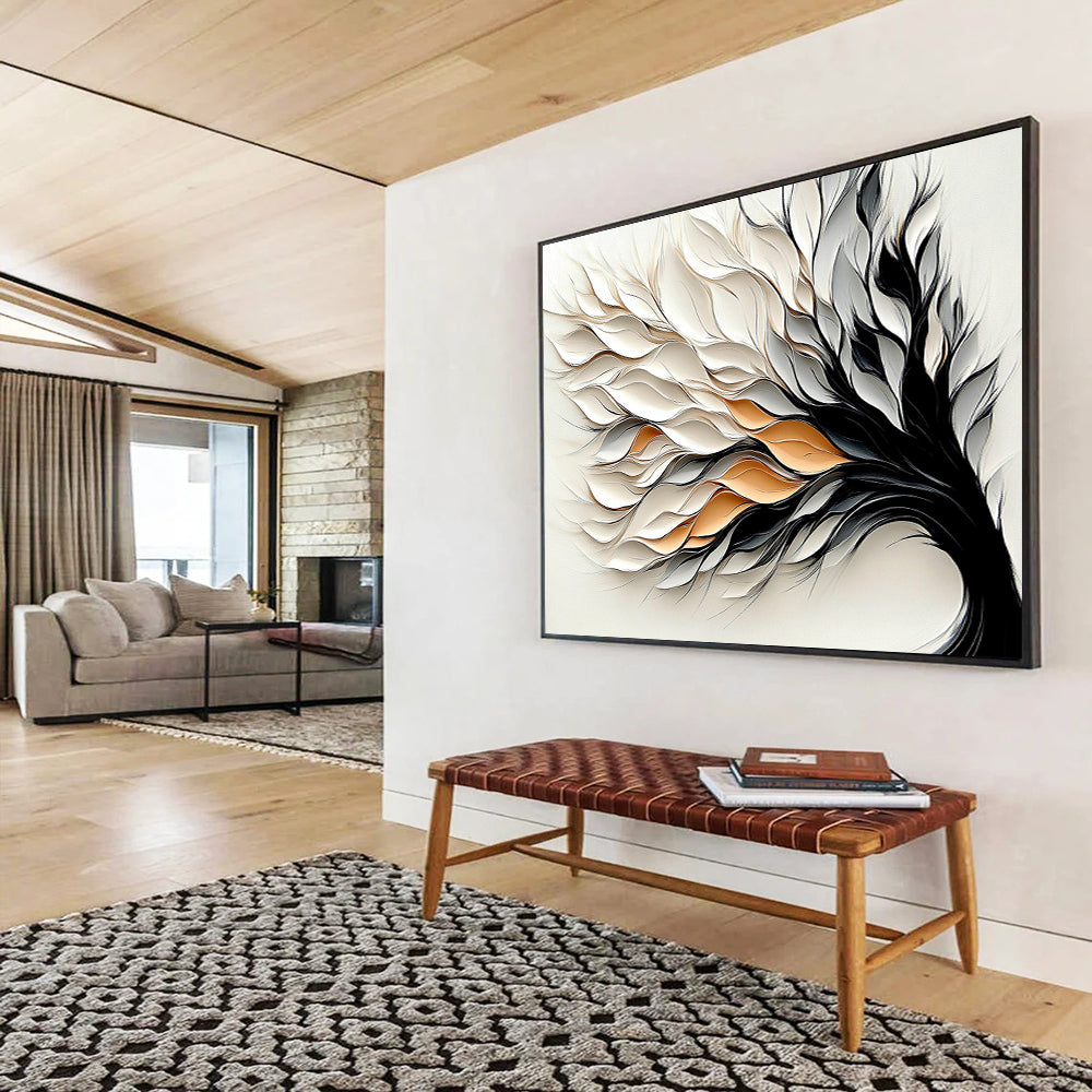 “Textured Tree” - White, Gray, Black, Gold with Layered Leaves - 3D Abstract Sculpture HB1345