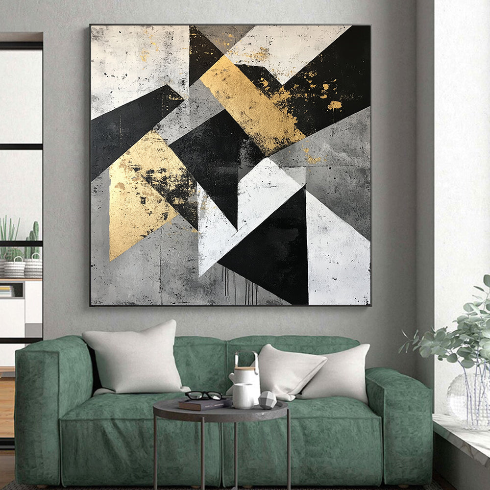 Gold, Black, Gray, White with Angular Shapes "Geometric Edge" Abstract Painting On Canvas HB006