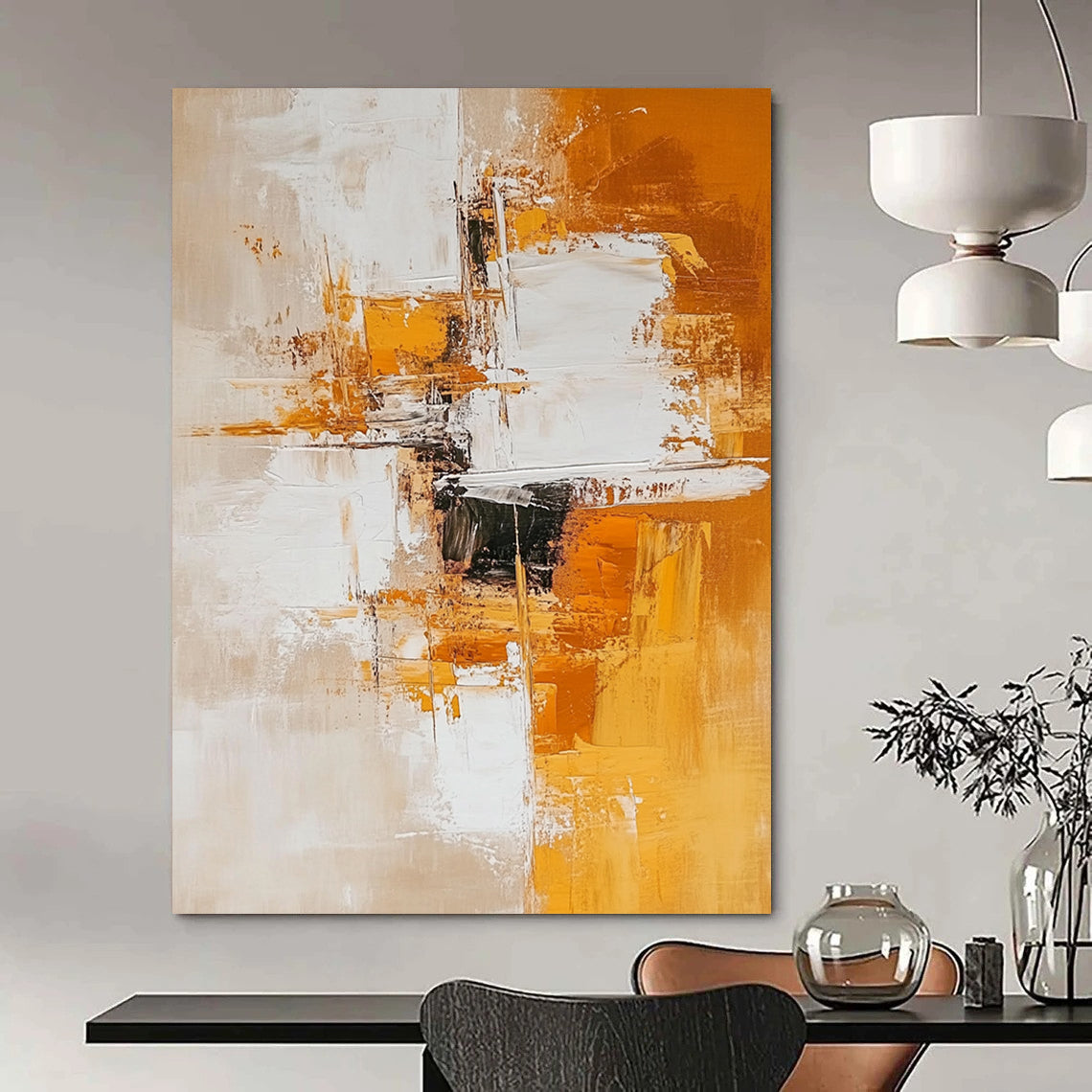 Contemporary hand-painted abstract artwork featuring white and amber tones with geometric shapes creating depth and calmness on a light orange background. DLZ0777