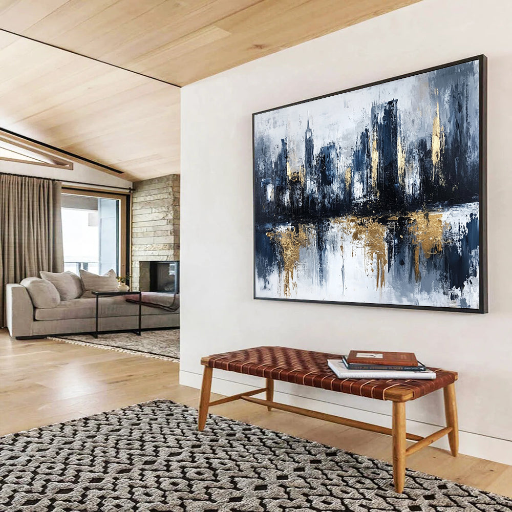 “Gilded City Skyline Reflection” - Gray, Blue, Gold, Abstract Cityscape with Water Mirroring Painting On Canvas HB1097