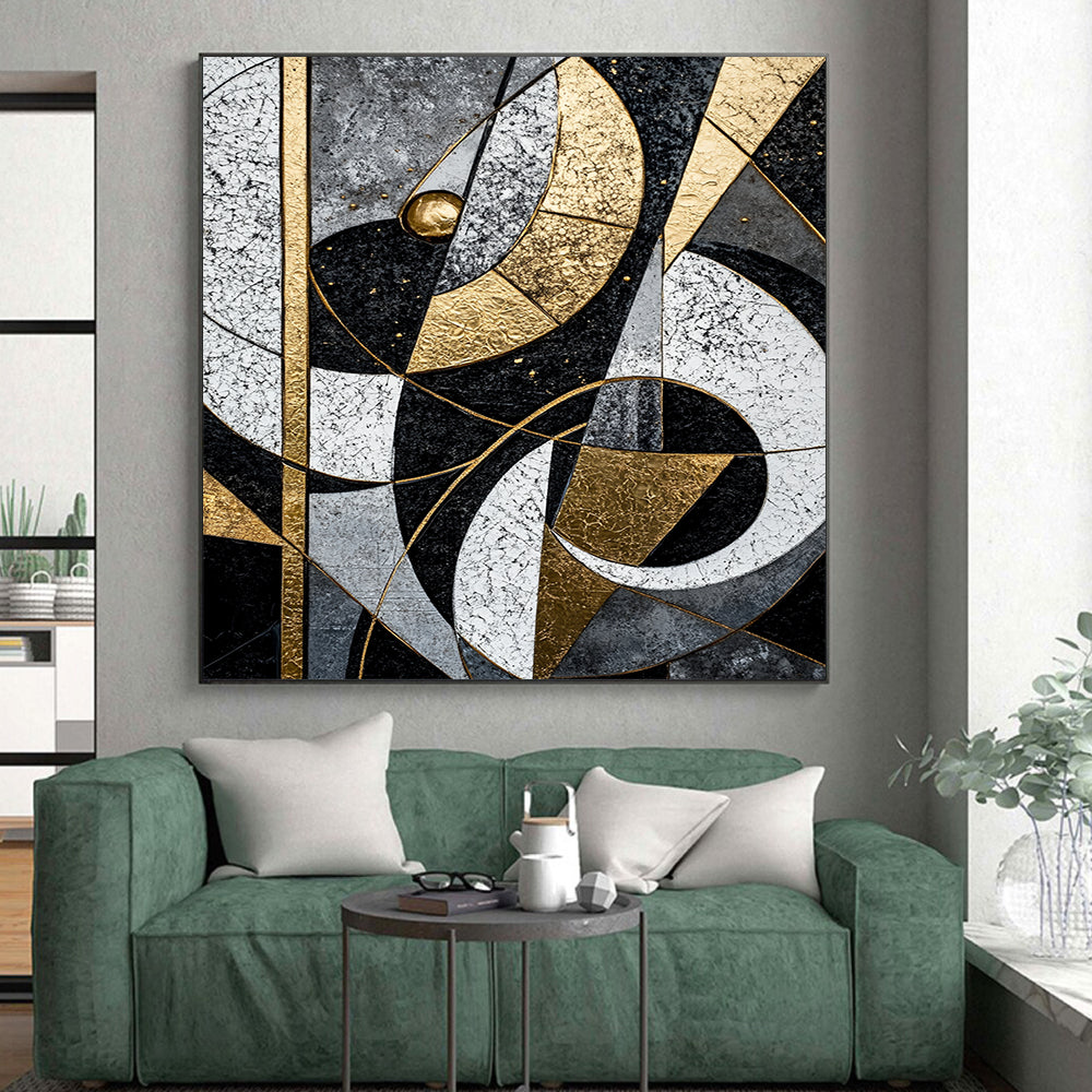 Black, White, Gray, Gold, Interlocking Arcs "Celestial Puzzle" Abstract Cosmic - Inspired Painting On Canvas HB075