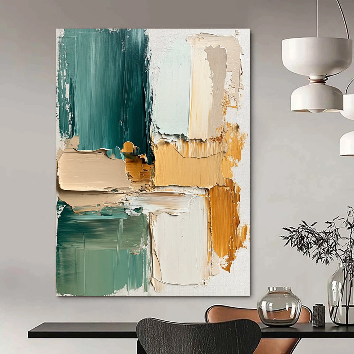 Contemporary abstract painting showcasing thick brush strokes in beige and teal with soft splashes and layers of cream green and yellow on textured canvas. DLZ1080