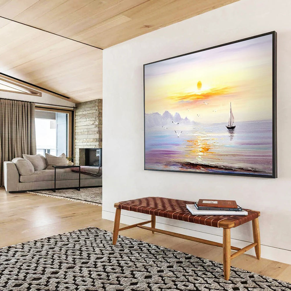 Sunset Sea Sailboat Oil Painting - Large Coastal Living Room Art DLZ181