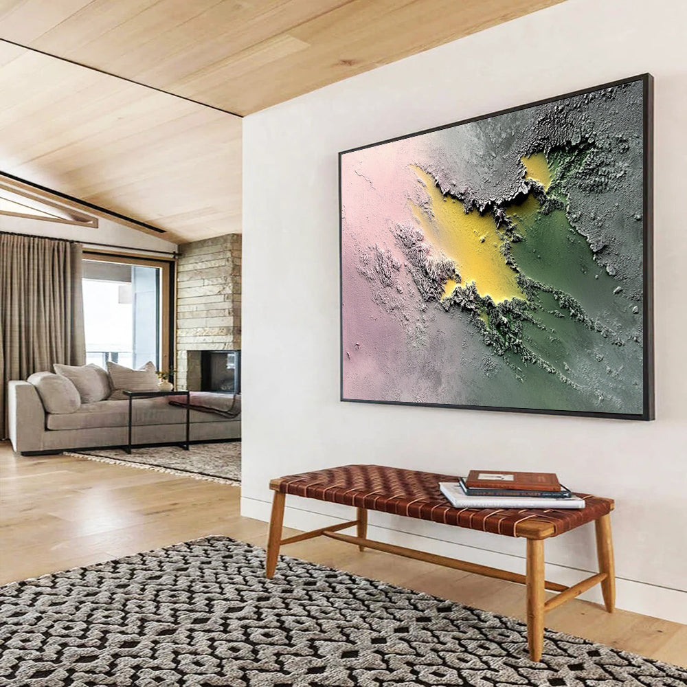 “Colorful Textured Terrain” - Pink, Yellow, Green, Textured Abstract Painting On Canvas HB0780