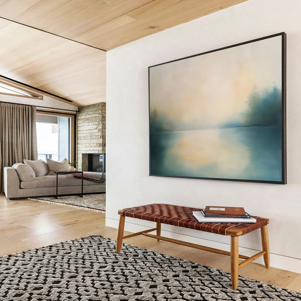 “Misty Lake Serenity” - Blue, Beige, Green, Misty Lake Landscape Painting On Canvas HB0993