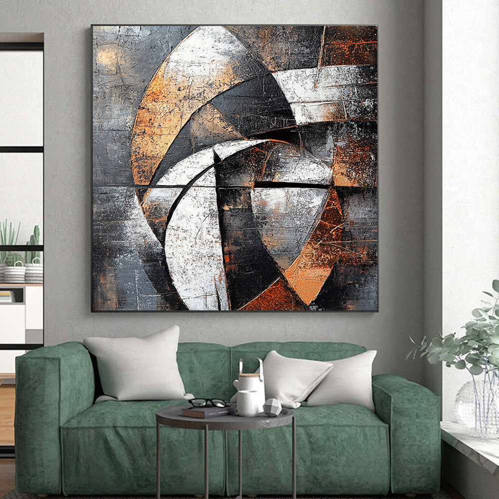 Gray, Black, White, Brown, Geometric Arcs "Industrial Rhythm" Abstract Cubist - Inspired Painting On Canvas HB061