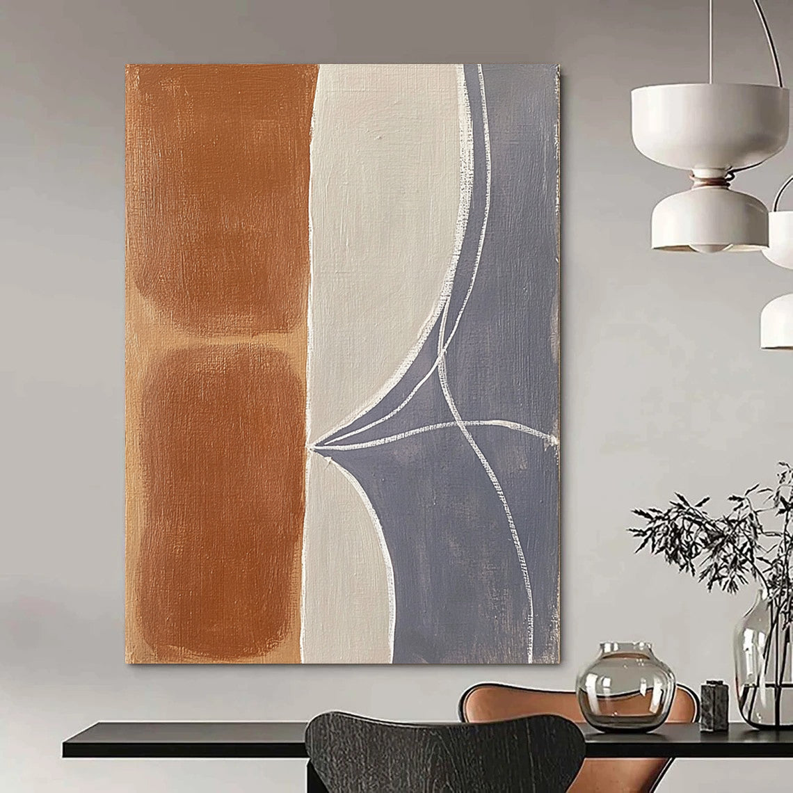 Contemporary abstract painting featuring organic shapes with terracotta brown and gray-blue hues enhanced by thick white lines and soft edges on a light gray background. DLZ0964