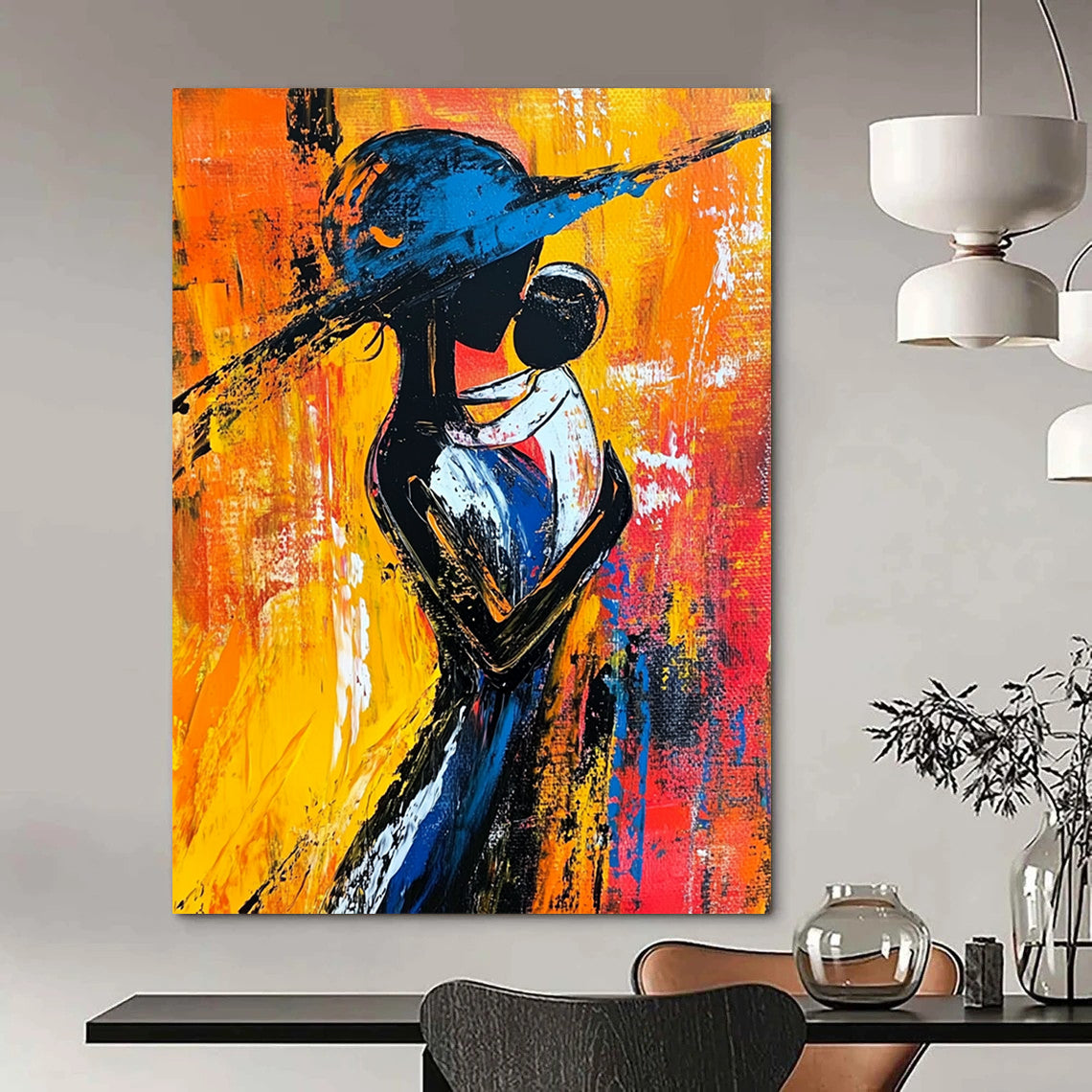 Contemporary abstract painting showcasing a woman in black and white with a blue hat surrounded by warm reds yellows and oranges vibrant brush strokes. DLZ1499