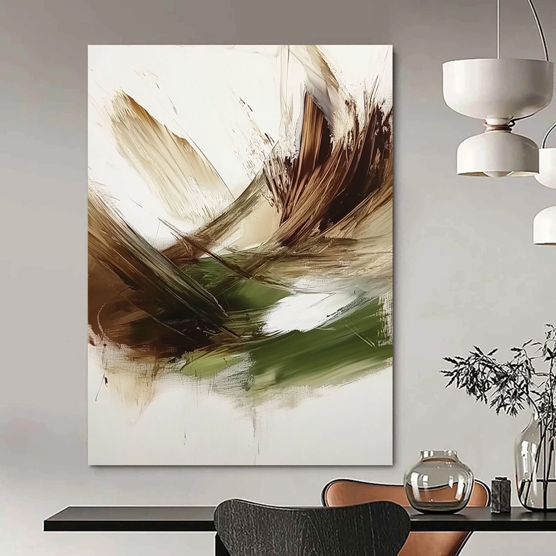 Contemporary hand-painted abstract art features a rich green, brown, and white palette with textured brush strokes and a dark beige backdrop. DLZ0447