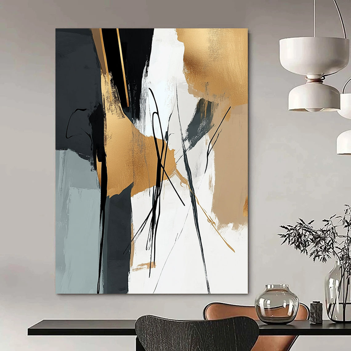 Contemporary abstract wall art featuring elegant brushstrokes in black beige and gold harmoniously blended with natural elements for a tranquil atmosphere. DLZ0318