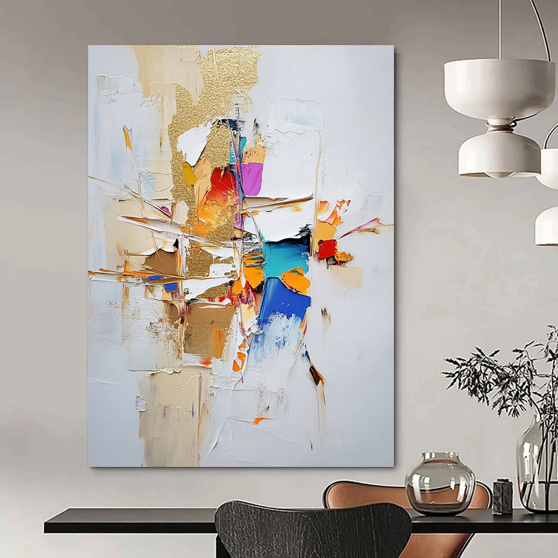 Contemporary large abstract painting featuring gold leaf and textured strokes in neutral tones with vibrant accents on a white background. DLZ0744