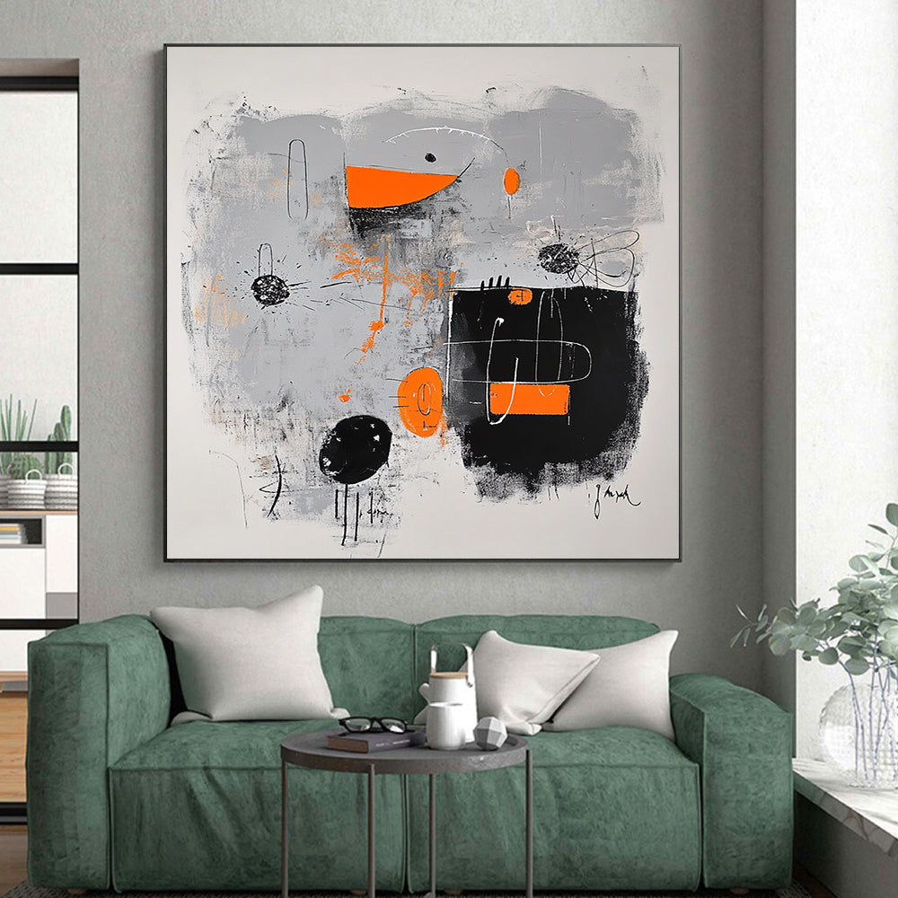 Black, Gray, Orange and White Abstract Fusion "Creative Spark" Painting On Canvas HB328