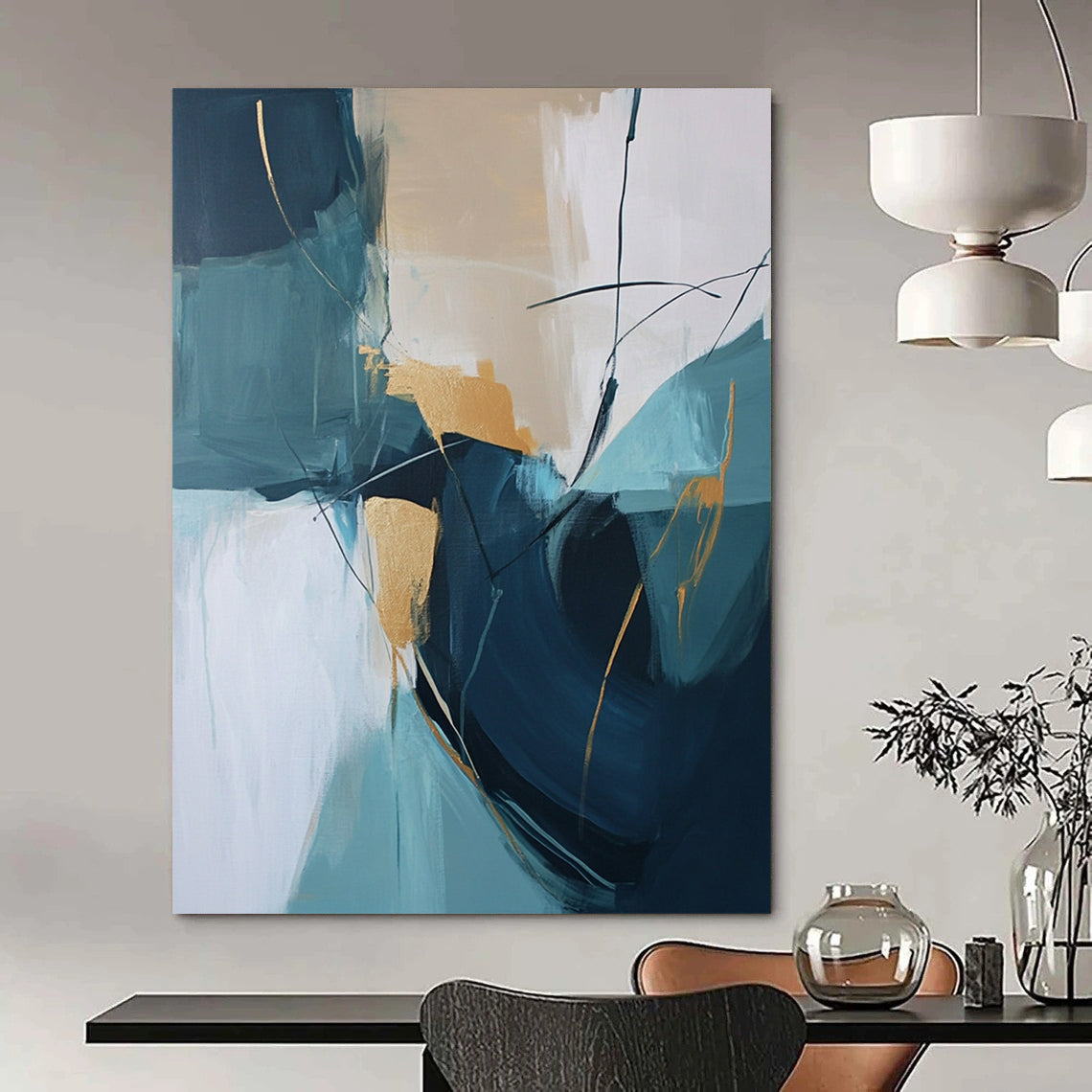 Large contemporary hand-painted abstract artwork featuring beige and teal colors with thick brush strokes and gold accents. DLZ0728
