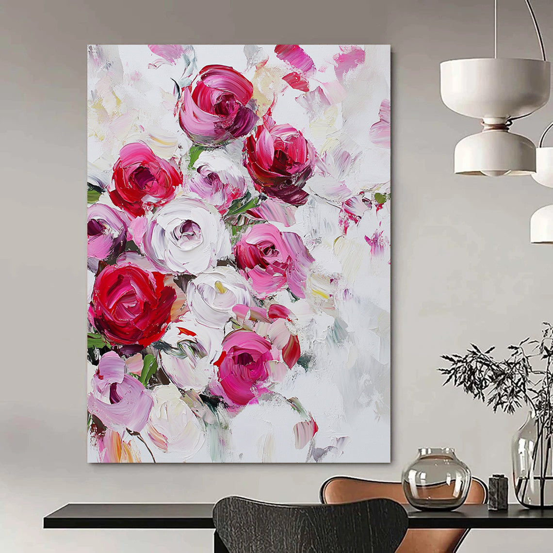 Contemporary hand-painted abstract art featuring vibrant red and pink roses on a white background with loose strokes and a dreamy bouquet effect. DLZ0992