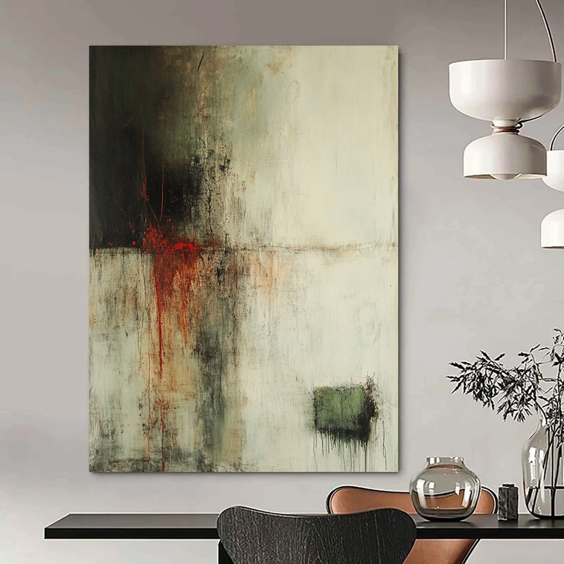 Contemporary hand-painted abstract art featuring faded whites dark browns and vibrant reds with atmospheric effects and soft edges. DLZ0902