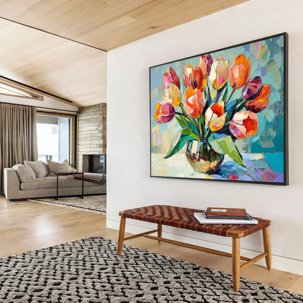 “Colorful Tulip Vase” - Vivid Oranges, Pinks, Purples, Lively Tulip Arrangement - Cubist - Inspired Oil Painting HB1723
