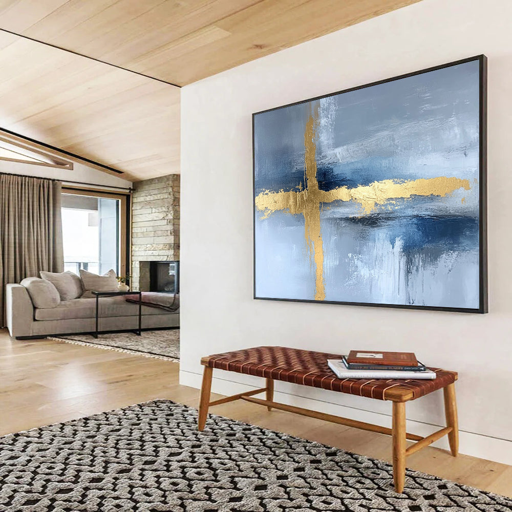 “Gold Cross on Blue - Gray Abstract” - Gold, Blue, Gray, Cross Shapes Painting On Canvas HB0816