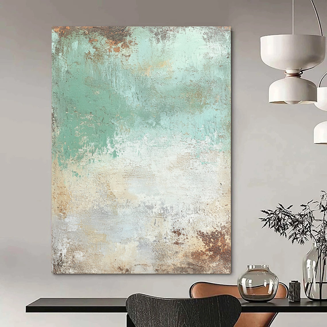 Contemporary abstract painting featuring seafoam green and cream textures with brown and rust accents, mixed media, artistically distressed details. DLZ0659