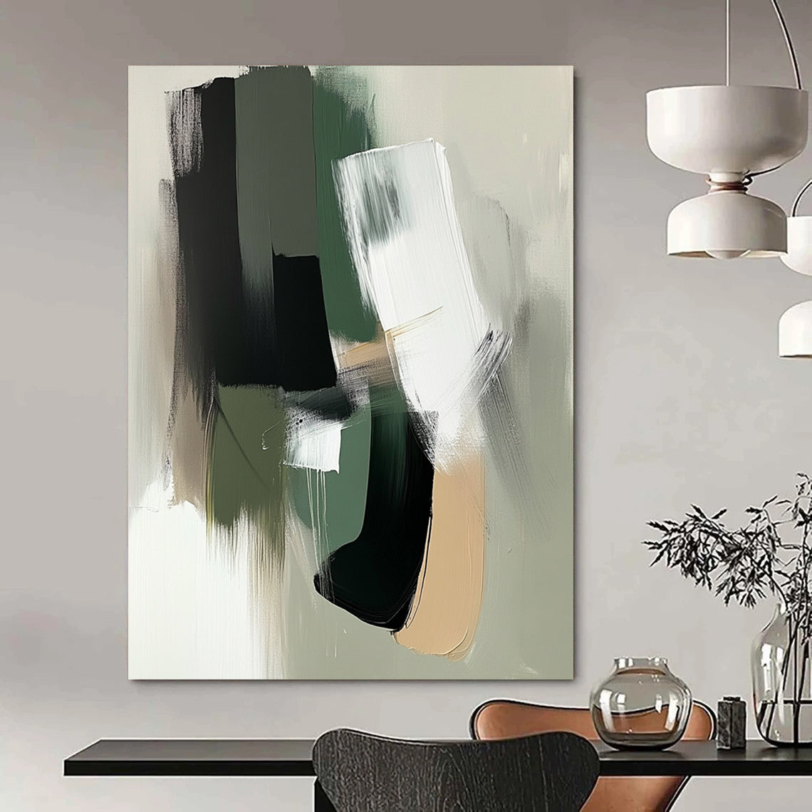 Contemporary abstract painting featuring minimalist shapes in sage green and white with black accents and bold brushstrokes for a modern aesthetic. DLZ0435