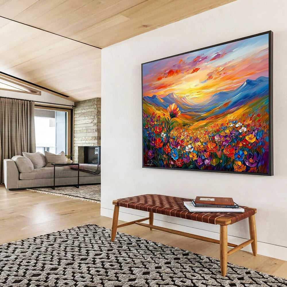 “Sunset Mountain Flower View” - Colorful, Mountains, Flowers, Sunset Painting On Canvas HB0748