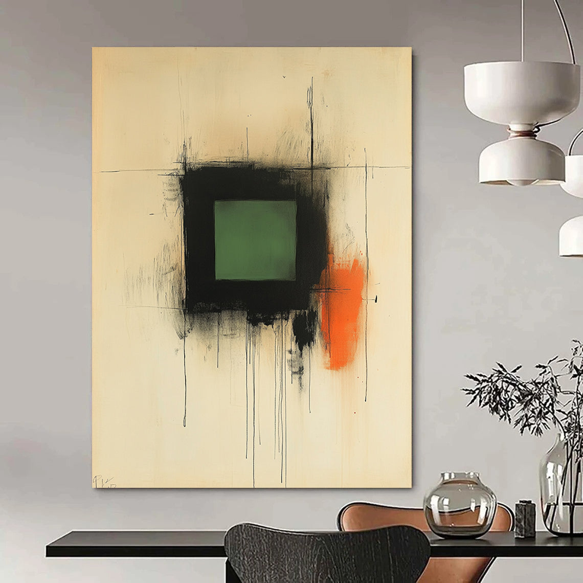 Contemporary abstract artwork features soft black ink lines with a central green square and warm strokes of brown and orange evoking serenity and contemplation. DLZ1465
