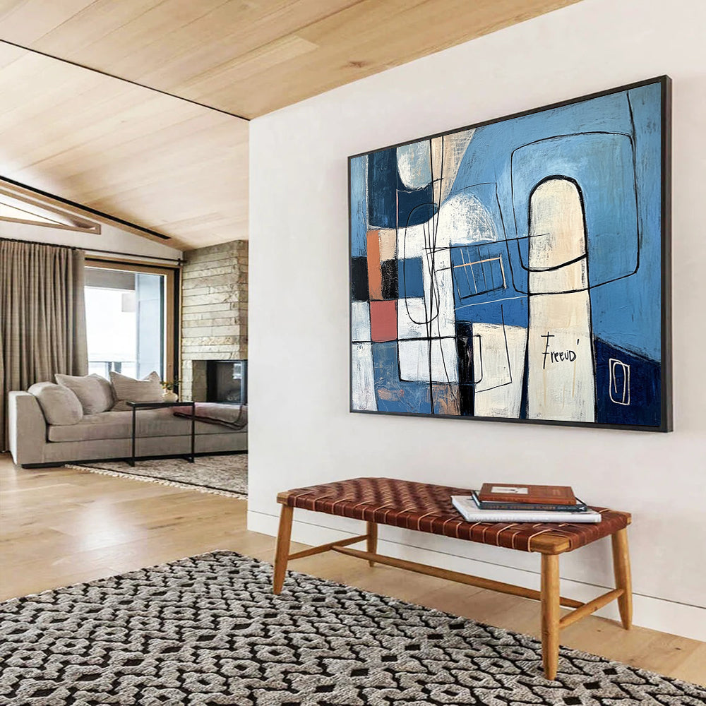 Blue with Geometric Shapes and Lines - “Structured Blues” Painting On Canvas HB1452