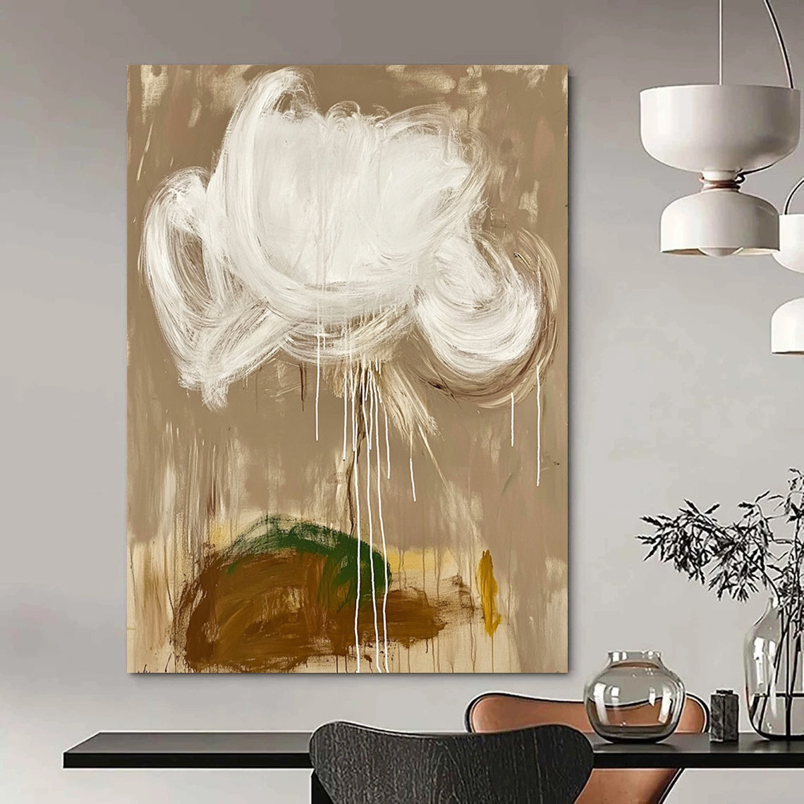 Contemporary hand-painted abstract artwork featuring a white cloud and brown earth on a beige background with white brush strokes and green details. DLZ0607