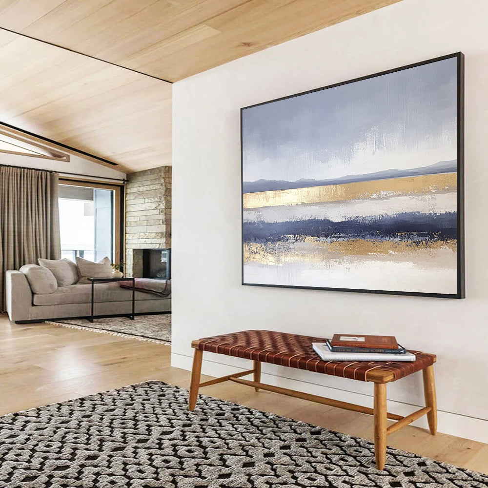 “Gray - Blue Abstract with Gold Bands” - Gray, Blue, Gold, Horizontal Landscape Bands Painting On Canvas HB0852