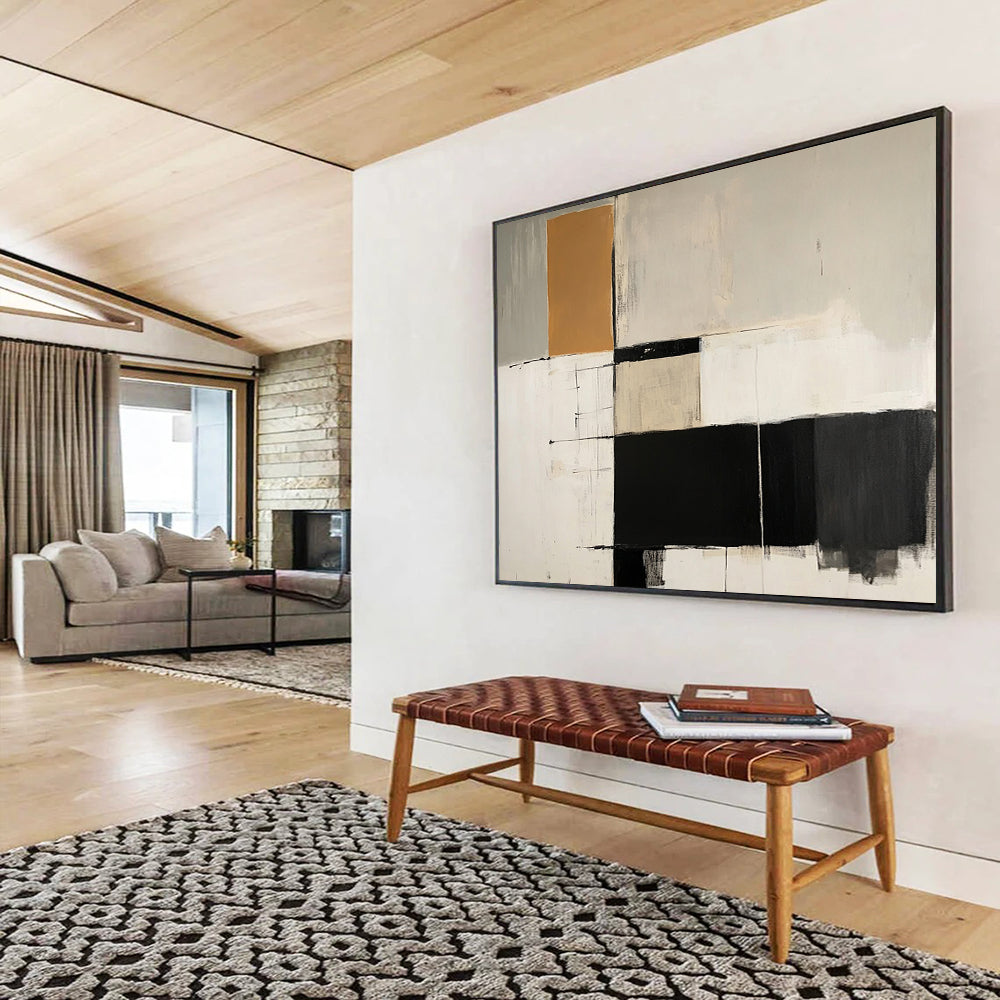 “Neutral Grid Abstract” - Black, White, Brown, Grid - Like Shapes - Modernist Acrylic Painting HB1518