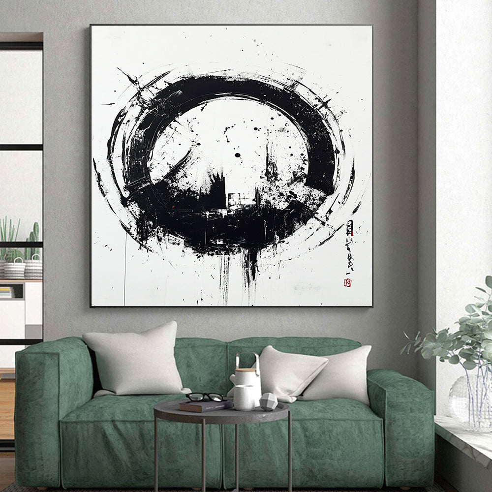 Black and White Circular Ink "Zen Circle" Painting On Canvas HB252