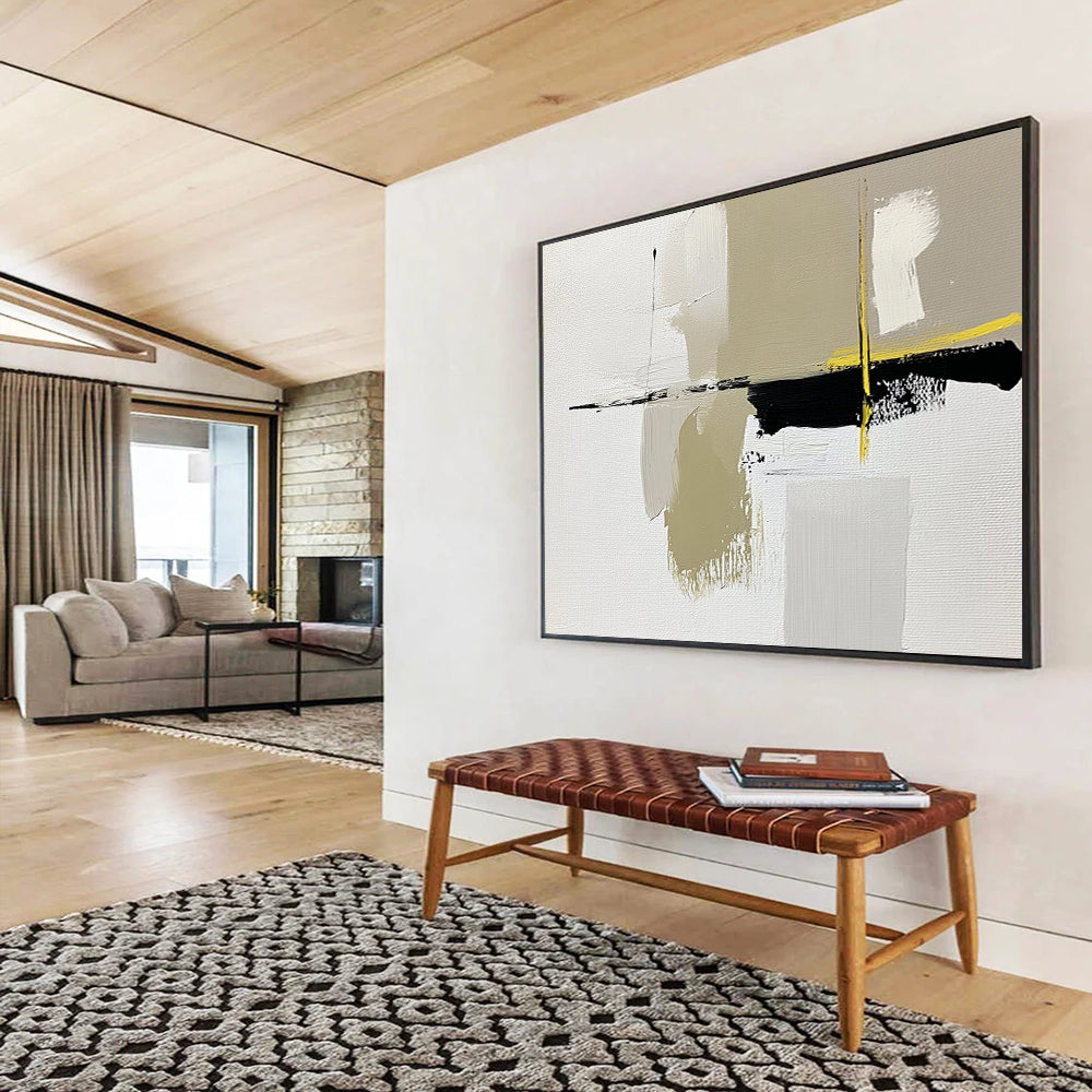 “Abstract Minimalist Shapes” - White, Beige, Black, Yellow, Geometric Abstract Painting On Canvas HB0958