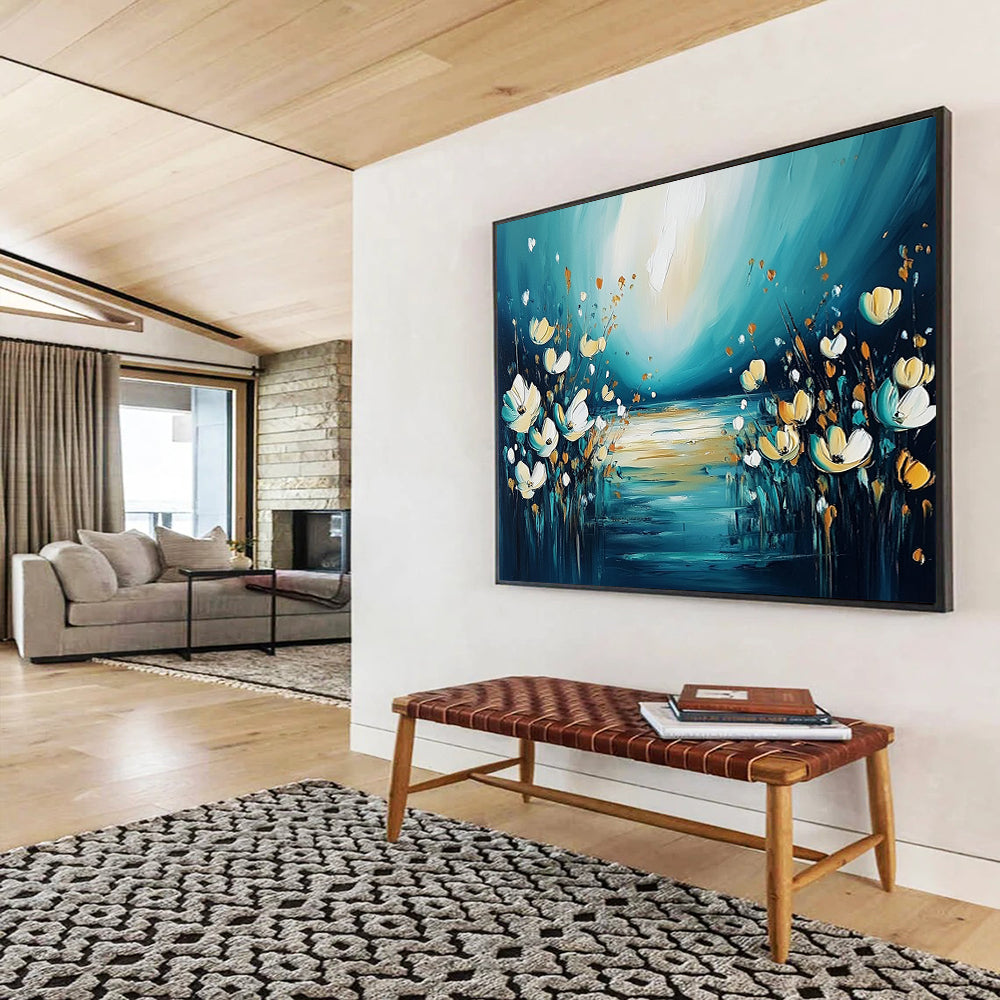 “Dreamy Floral River Abstract” - Teal, Yellow, White with Flowers and River - Painting On Canvas HB1399