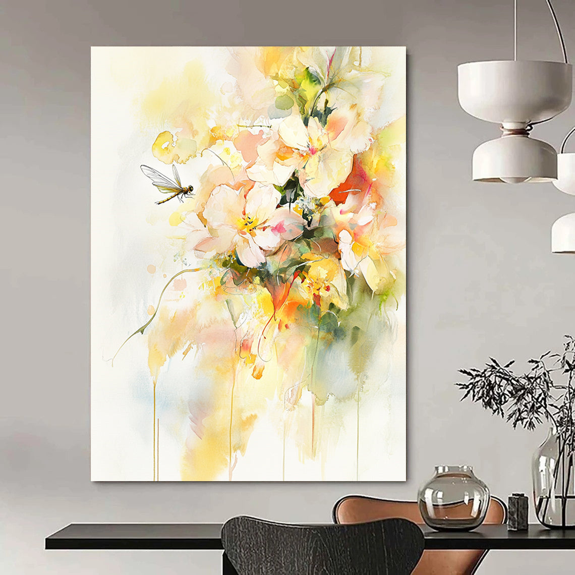 Contemporary abstract art featuring vibrant watercolor flowers and leaves with delicate gold accents a serene dragonfly and light yellow tones on a white background. DLZ1082