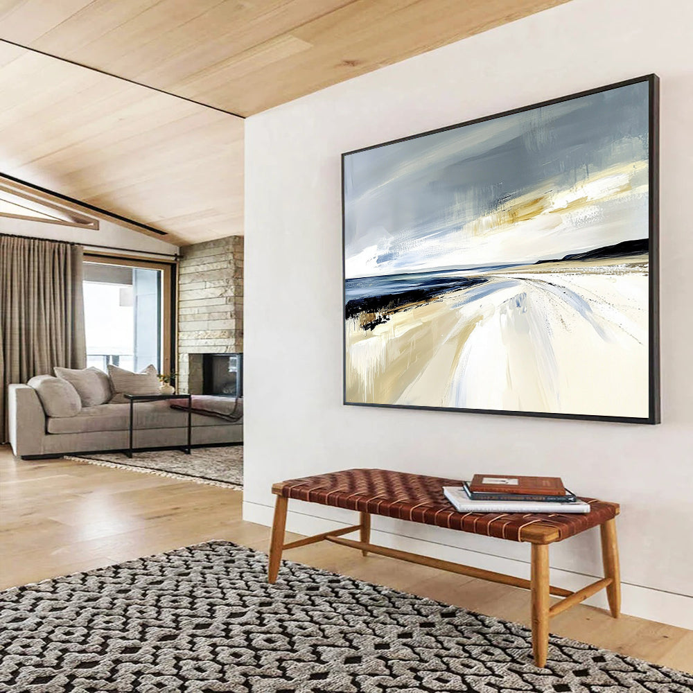 “Dynamic Beach Drips” - Gray, Blue, Beige, Abstract Dripping Beachscape Painting On Canvas HB1073