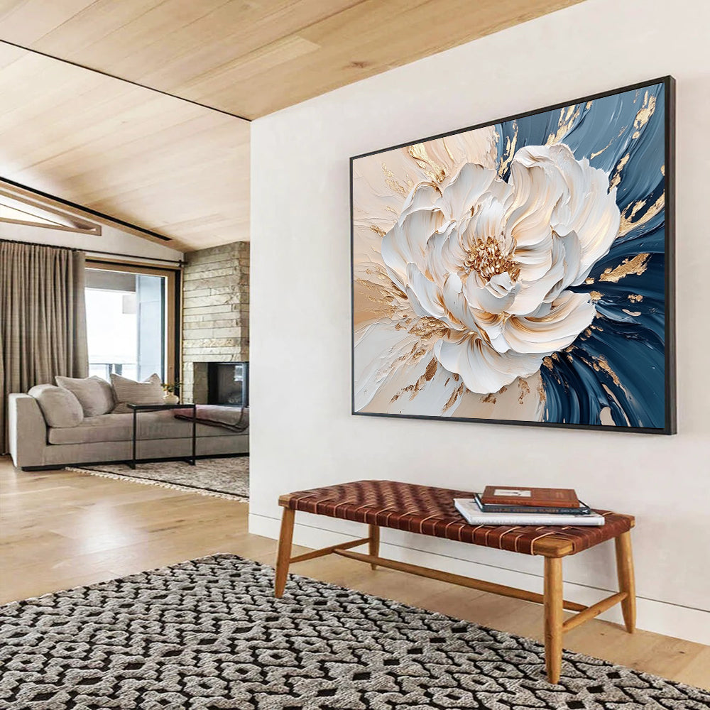 “Elegant Gold - Accented Peony” - White, Gold, Textured Peony Flower Painting On Canvas HB0879