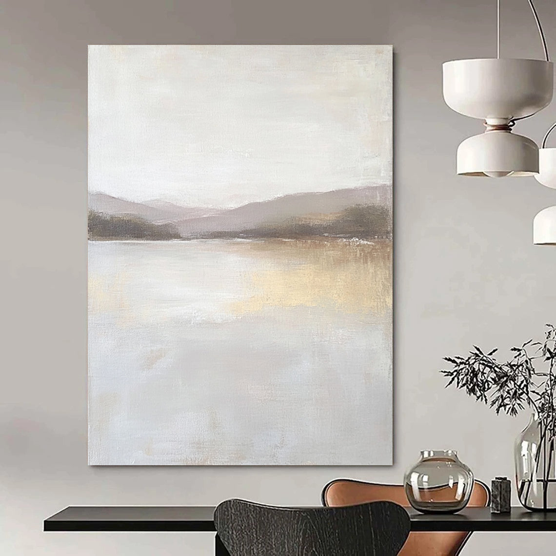 Contemporary abstract painting featuring a large lake in muted beige and gray tones with textured canvas and distant hills in the background. DLZ0415