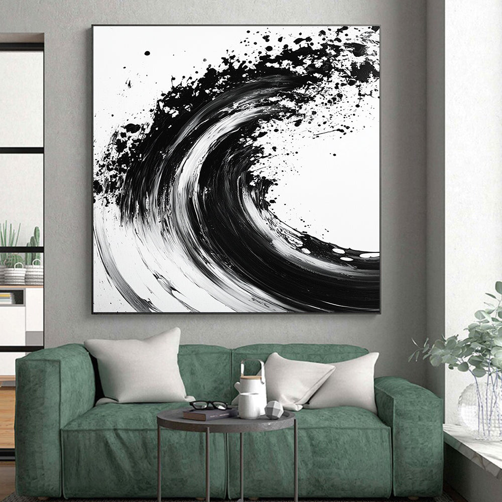 Black, White, Wave - Like Ink Splash "Ink Wave Symphony" Abstract Expressionist Painting On Canvas HB134