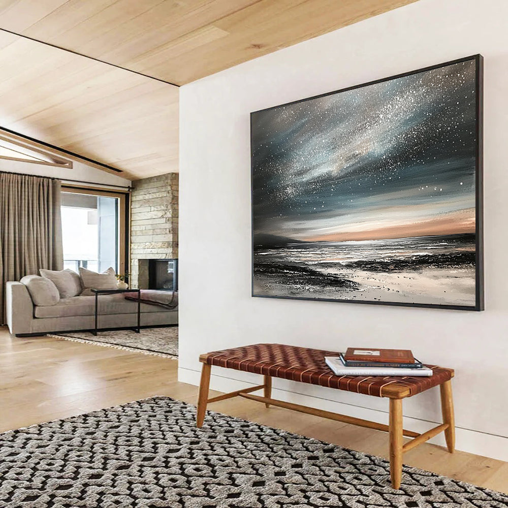 “Starry Night Coastal” - Black, Gray, Silver, Orange, Dreamy Night Sky & Sea Scenes Painting On Canvas HB1025