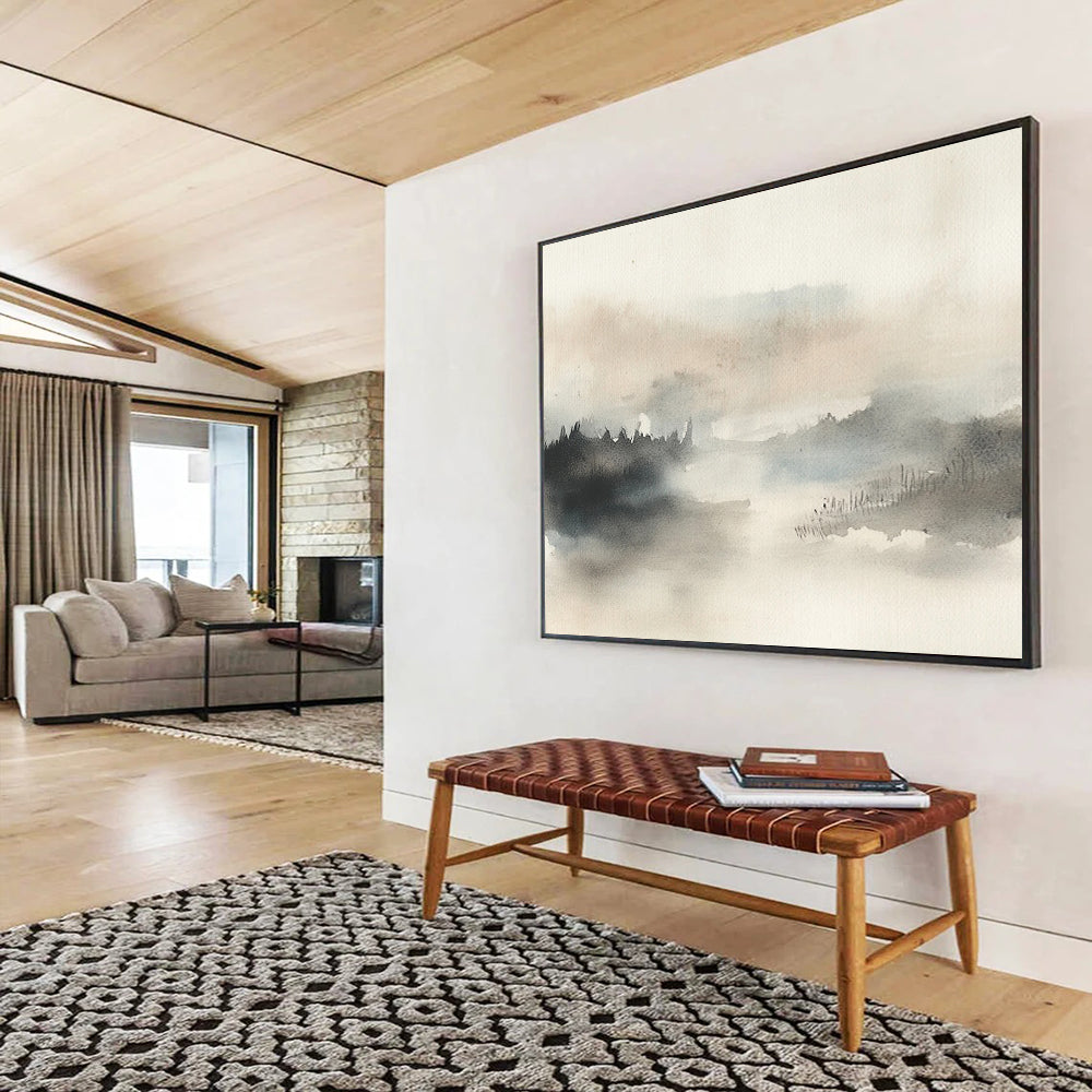 “Misty Landscape Watercolor” - Gray, Beige, Misty Landscape Watercolor On Canvas HB0717