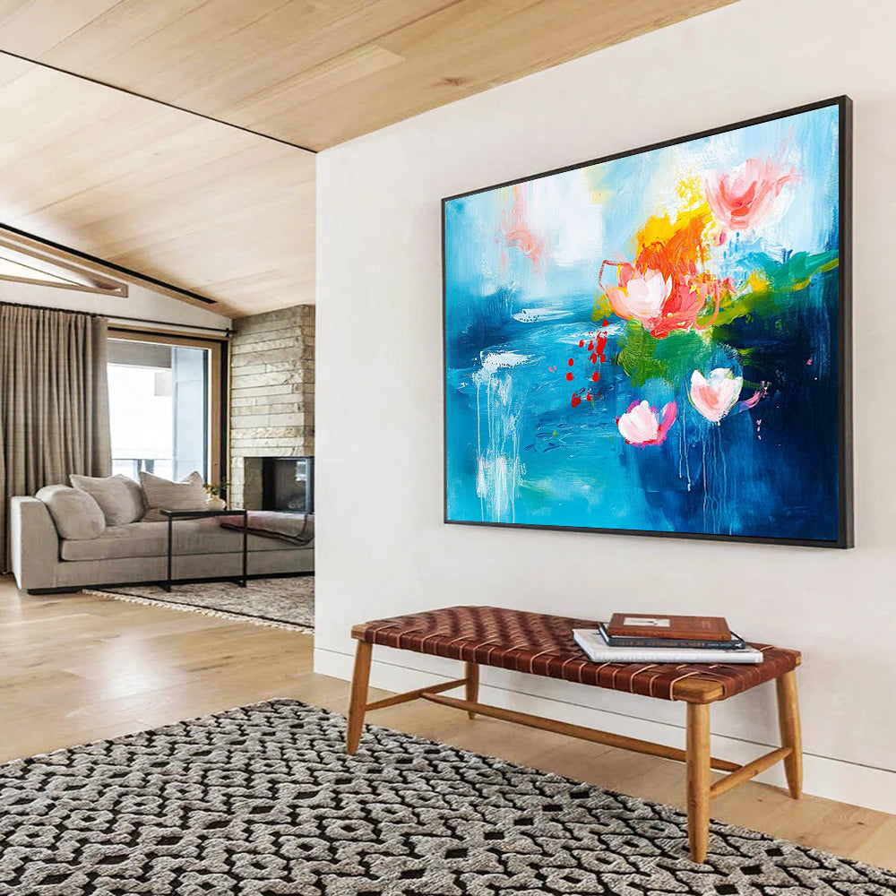 “Dreamy Blue with Pink and Orange Floral Abstractions” - Blue, pink, orange, green; Abstract floral shapes on a blue background; Acrylic Painting On Canvas HB1233
