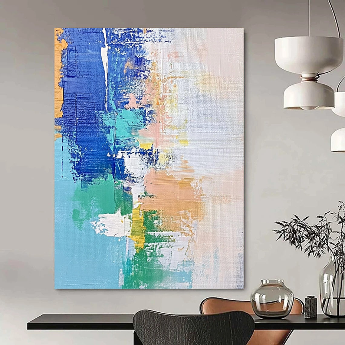 Contemporary hand-painted abstract artwork features soft pastel shades of blue and white with hints of green and beige, enhanced by dynamic brush strokes and mixed media. DLZ0657