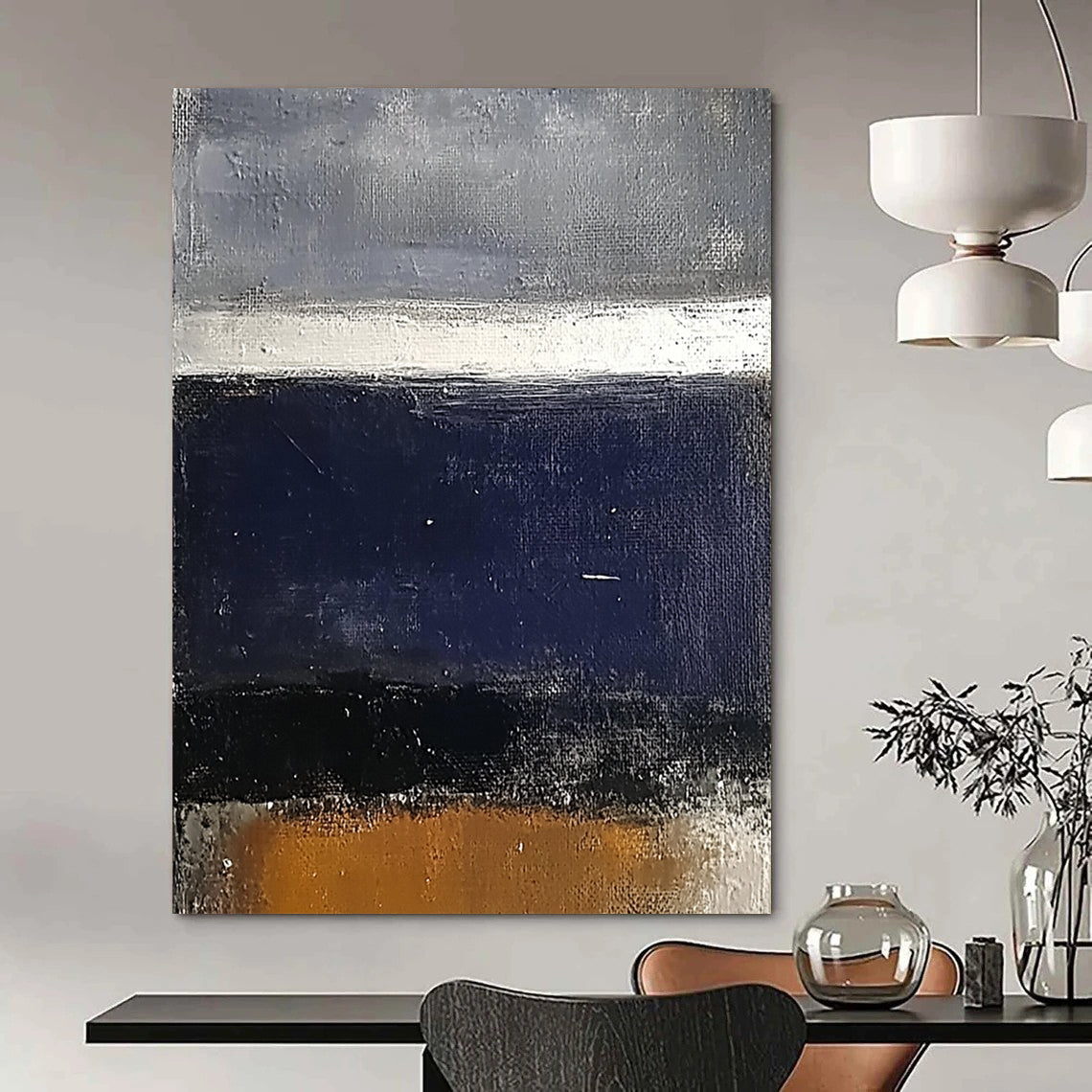 Contemporary hand-painted abstract art featuring a dark blue sea and grey sky with white and brown accents on a textured surface. DLZ0452