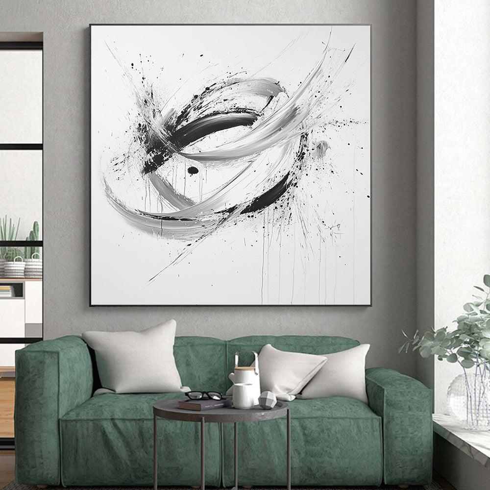 Black, White and Gray Dynamic Swirl "Hybrid Energy" Painting On Canvas HB290