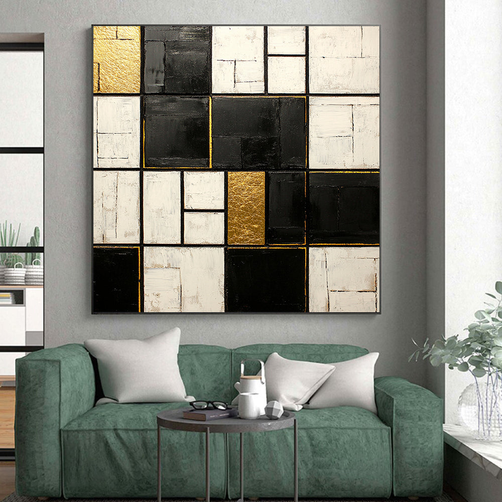 Black, White, Gold, Patchwork Squares "Gilded Mosaic" Abstract Neo - Platicist Painting On Canvas HB147