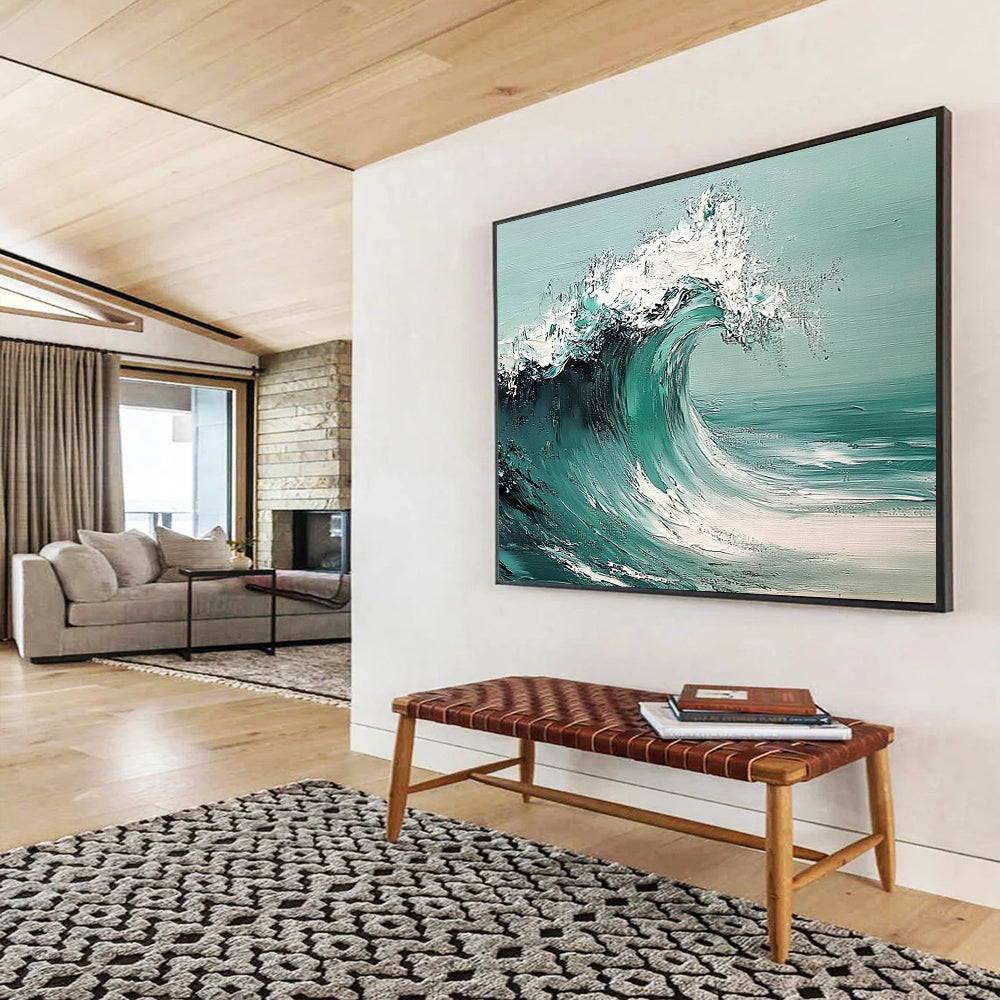“Dynamic Teal Wave” - Teals, Whites, Greens, Ocean Wave - Palette Knife Oil Painting HB1580