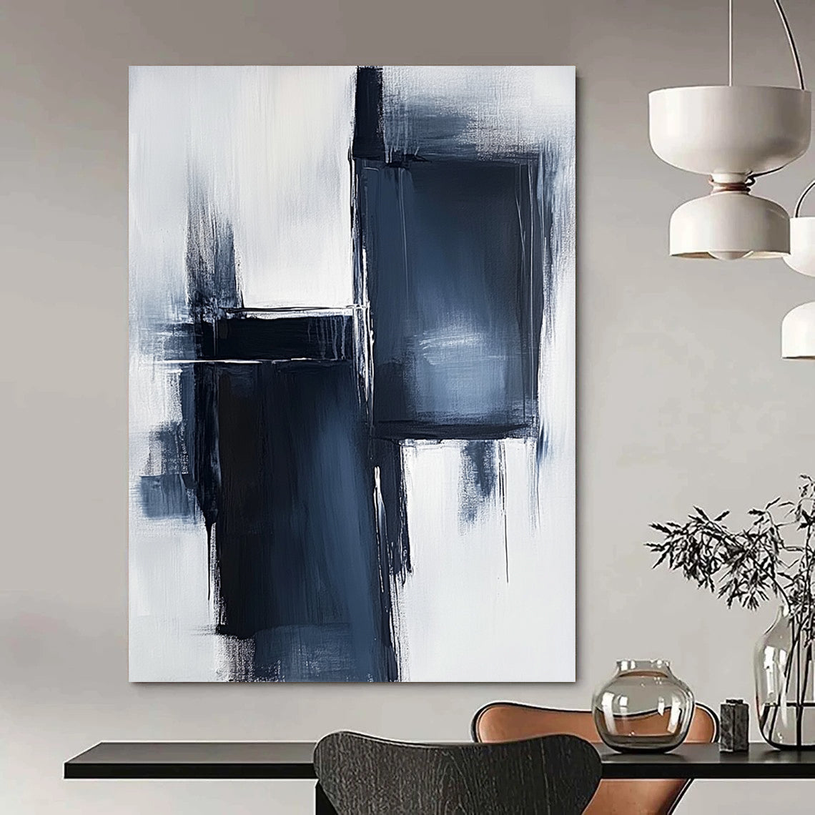 Large contemporary hand-painted abstract artwork featuring light navy and white tones with dark gray brush strokes and minimalist high contrast design. DLZ1649