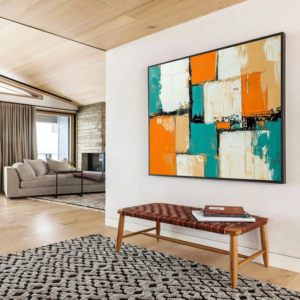 “Colorful Geometric Abstract” - Orange, Teal, Beige, Geometric Abstract Painting On Canvas HB0784