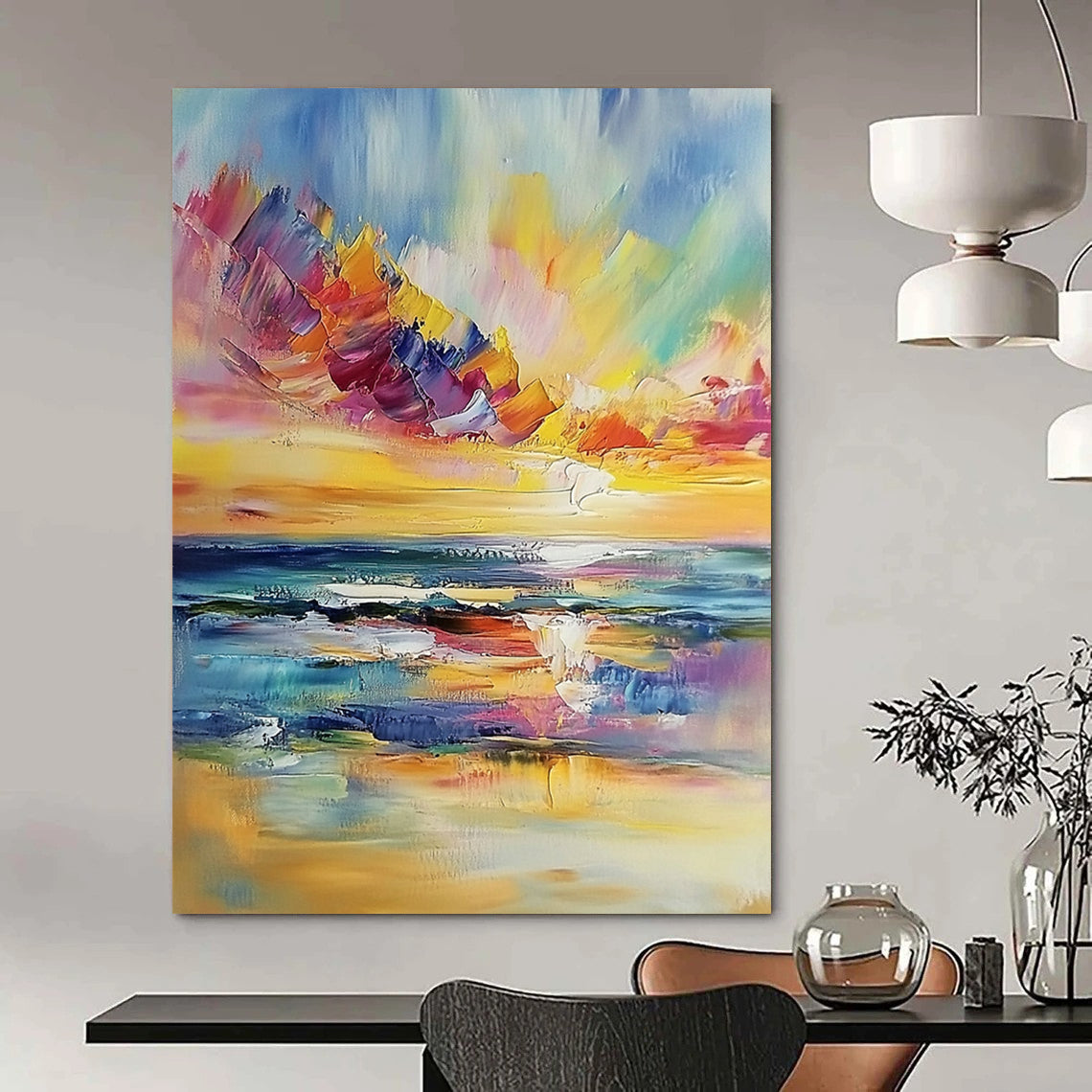 Stunning hand-painted abstract featuring vibrant clouds and a serene seascape with warm sunset reflections in a contemporary palette knife style. DLZ1119